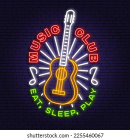 Music club neon poster, banner. Neon sign, emblem, bright signboard, light banner with classical acoustic guitar. Vector illustration. Equipment for listening and recording sound. Advertising bright