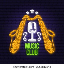 Music club neon poster, banner. Neon sign, emblem, bright signboard, light banner with saxophone and microphone. Vector illustration. Advertising bright neon for night club