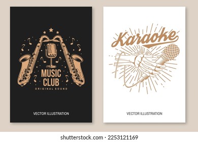 Music club, retro music poster, banner. Retro poster, banner with skeleton hand and retro microphone, retro saxophone vintage typography design for t shirt, emblem, logo, badge design. Vector