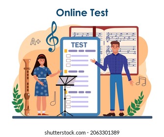 Music club or school online service or platform. Students learn to play music. Theory of music and solfeggio class. Online test. Flat vector illustration