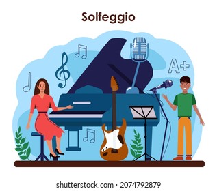 Music club or school. Students learn to play music. Young musician playing musical instruments. Theory of music and solfeggio class. Flat vector illustration