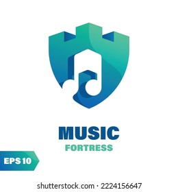 Music coated fort logo design. Abstract medieval composition, isolated on a white background.