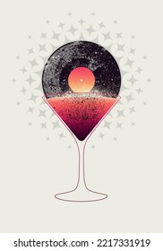 Music Cocktail Bar Party diseño de afiches de estilo vintage tipográfico con silueta de vidrio martini y disco de vinilo. Ilustración vectorial retro.