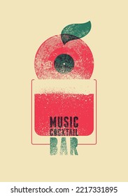 Music Cocktail Bar typographical vintage grunge style emblem or poster design with stylized glass silhouette and vinyl disc. Retro vector illustration.