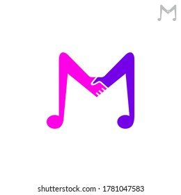 Music collaboration logo, singer duets, music note with handshake, simple flat musical logo template