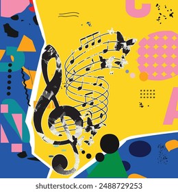 Music collage background with G-clef and musical notes. Design for music concert, festival, party, event. Colorful creative musical poster with abstract elements - vector	