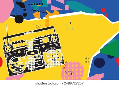 Music collage background with retro radio. Design for music concert, festival, party, event. Colorful creative musical poster with abstract elements - vector	