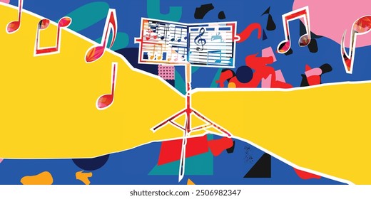 Music collage background with music stand and musical notes.