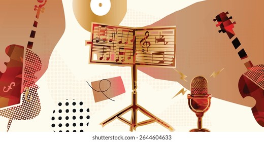 Music collage background with music stand and musical notes