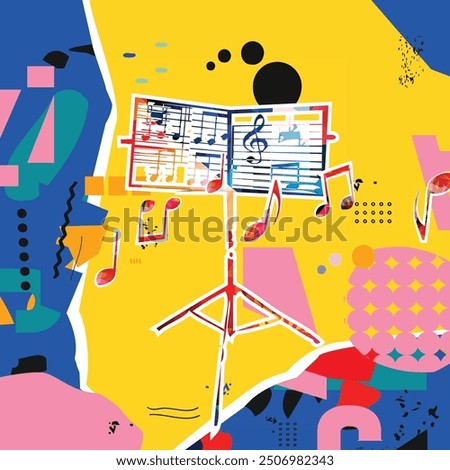 Music collage background with music stand and musical notes.