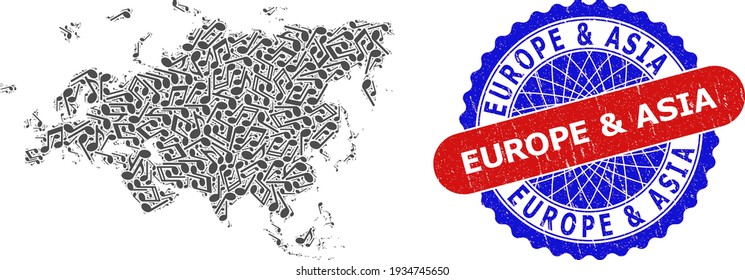 Music Collage for Europe and Asia Map and Bicolor Textured Stamp Badge