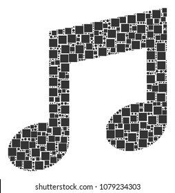 Music collage icon of square figures and round items in various sizes. Vector items are united into music mosaic design concept.