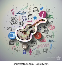 Music collage with icons background. Vector illustration