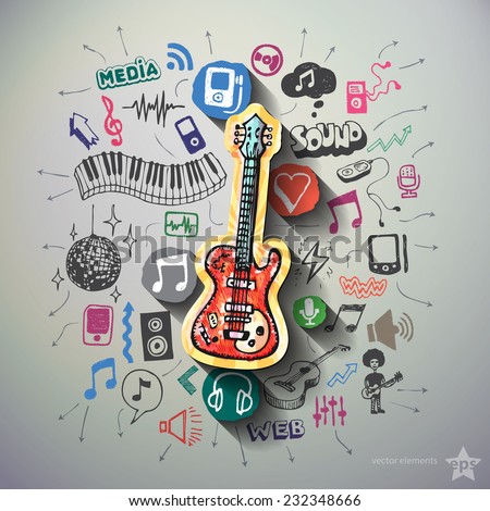 Music collage with icons background. Vector illustration