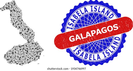 Music Collage for Isabela Island of Galapagos Map and Bicolor Distress Stamp Badge