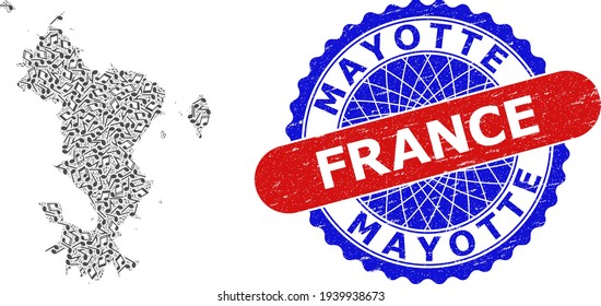 Music Collage for Mayotte Islands Map and Bicolor Distress Stamp