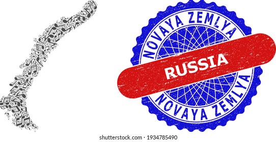 Music Collage for Novaya Zemlya Islands Map and Bicolor Grunge Seal