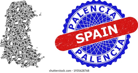 Music Collage for Palencia Province Map and Bicolor Grunge Stamp