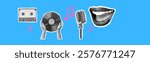 music collage set with audio cassette vintage microphone singing mouth vinyl record on dark checkered background halftone collage cut-out elements