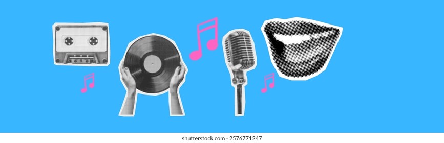 music collage set with audio cassette vintage microphone singing mouth vinyl record on dark checkered background halftone collage cut-out elements