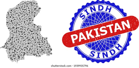Music Collage for Sindh Province Map and Bicolor Distress Stamp Badge