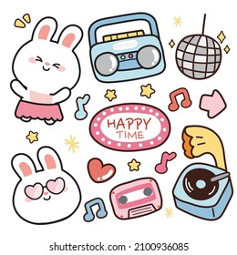 Music collection.Set of cute rabbit with radio,disco ball,cassette tape,gramophone.Happy time text.Animal character design.Isolated.Hand drawn.Collection.Kawaii.Vector.Illustration.