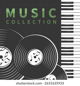 Music collection. Musical poster with vinyl record and Piano. Design banner for cover album, concert or festival, music events, invitation, advertising. Vector illustration