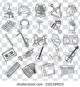 Music collection set hand drawn. Doodle Vector style symbols and objects.