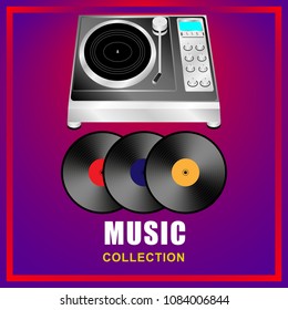 Music collection. Turntable, vinyl records on abstract background. Vector Illustration