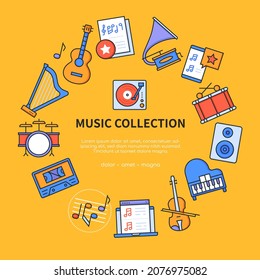 Music collection - vector flat design style banner with copy space for text. Orchestral instruments collected in a circle. Strings, keyboards, percussion, bowed and media like cassette and smartphone