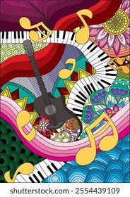 Music color background vector Musical theme guitar, piano, melody  illustration objects cartoon background