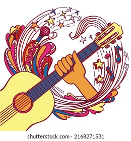 Ilustración vectorial de color de la música. Dibujo de doodle dibujado a mano con música a mano con guitarra acústica