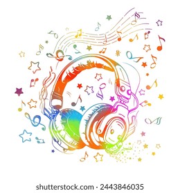 Music colored design - drawn musical headphones, notes and clef