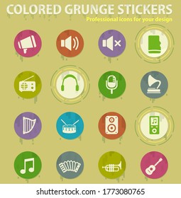 Music colored grunge icons with sweats glue for design web and mobile applications