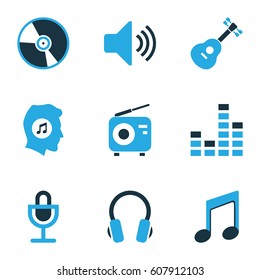 Music Colored Icons Set. Collection Of Note, Mixer, Guitar And Other Elements. Also Includes Symbols Such As Sound, Musical, Volume.