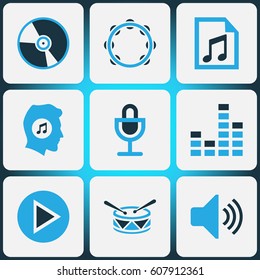 Music Colored Icons Set. Collection Of Mixer, Music Lover, Tambourine And Other Elements. Also Includes Symbols Such As Sound, Meloman, Mixer.
