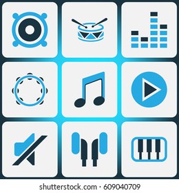 Music Colored Icons Set. Collection Of Drum, Mixer, Piano And Other Elements. Also Includes Symbols Such As Keyboard, Barrel, Earphone.