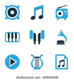 Music Colored Icons Set. Collection Of Radio, Playlist, Speaker And Other Elements. Also Includes Symbols Such As Earmuff, Gramophone, Radio.