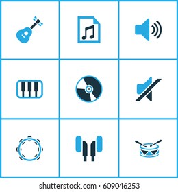 Music Colored Icons Set. Collection Of Volume, Drum, Guitar And Other Elements. Also Includes Symbols Such As Turntable, Mute, Guitar.