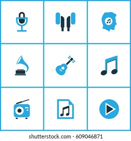 Music Colored Icons Set. Collection Of Microphone, Gramophone, Guitar And Other Elements. Also Includes Symbols Such As Earphone, Antique, Gramophone.