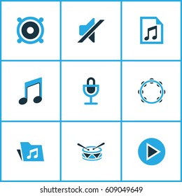 Music Colored Icons Set. Collection Of Microphone, Playlist, Drum And Other Elements. Also Includes Symbols Such As Play, Percussion, File.