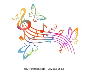 Music colored notes on wavy lines with butterflies, musical pattern, hand drawing. Not AI. Vector illustration