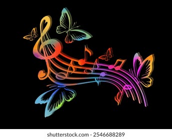 Music colored notes on wavy lines with butterflies, musical pattern, hand drawing on a black background. Not AI. Vector illustration