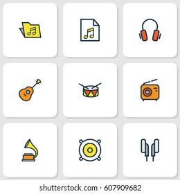 Music Colored Outlines Set. Collection Of Set, Loudspeakers, Earphones And Other Elements. Also Includes Symbols Such As Barrel, Folder, Instrument.