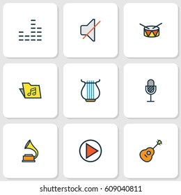 Music Colored Outlines Set. Collection Of Mute, Barrel, Mixer And Other Elements. Also Includes Symbols Such As On, Microphone, Mixer.