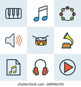 Music Colored Outlines Set. Collection Of Earphones, Gramophone, Volume And Other Elements. Also Includes Symbols Such As Instrument, Barrel, Gadget.