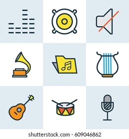 Music Colored Outlines Set. Collection Of Harp, Template, Barrel And Other Elements. Also Includes Symbols Such As Drum, Package, Guitar.