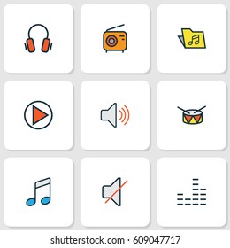 Music Colored Outlines Set. Collection Of Earphones, Mute, Volume And Other Elements. Also Includes Symbols Such As Barrel, Radio, Volume.