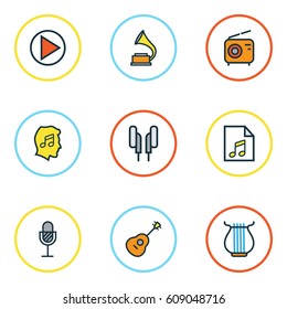Music Colored Outlines Set. Collection Of Lover, List, Headphones And Other Elements. Also Includes Symbols Such As Earphones, Soundtrack, Guitar.