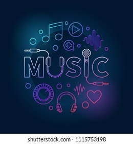 Music colored round vector illustration made with word MUSIC and linear icons on dark background